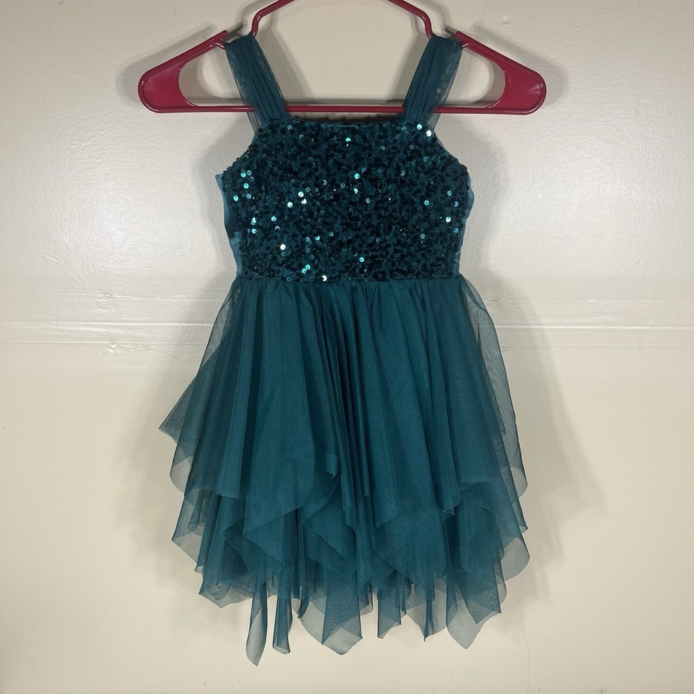 Cat & Jack Girls XS 4/5 Teal Sequin Tulle Party Dress Holiday Special Occasion - Picture 4 of 10